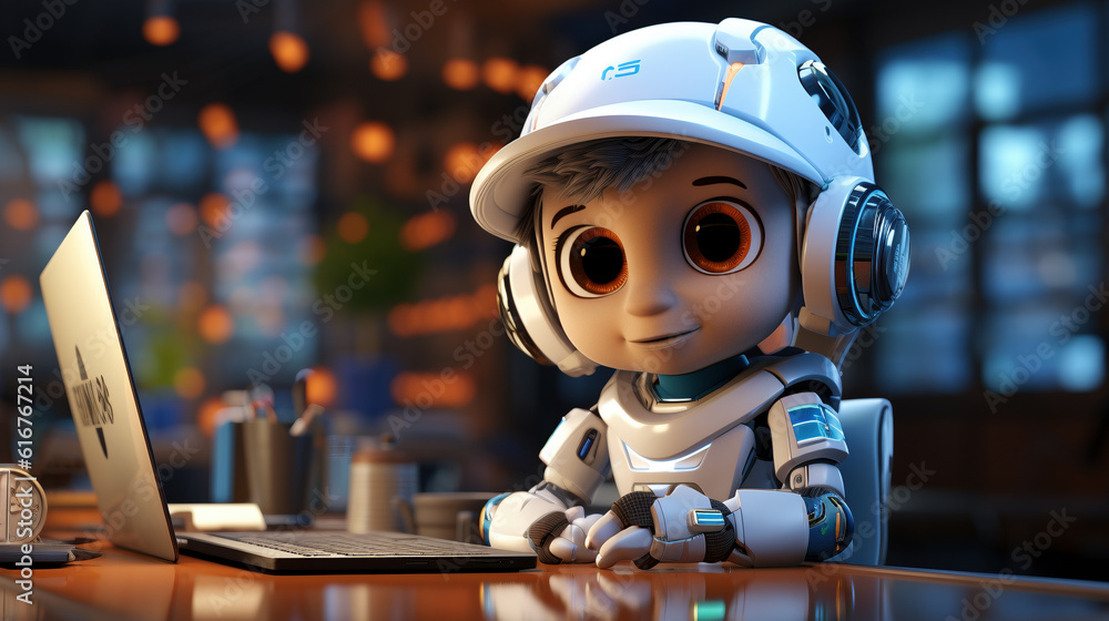 Computer Control Cute Figure White, cute robot in a control room with a laptop, surrounded by a ...