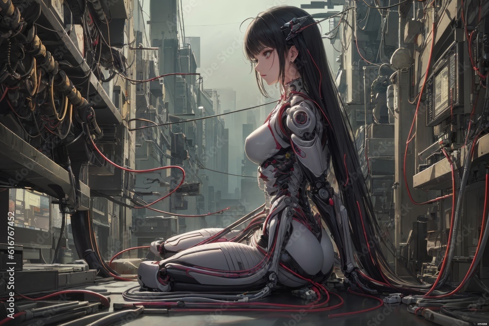 Fototapeta premium Birth of a Cyberpunk Sci-Fi Cyborg with Anime Girl