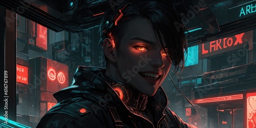 Cyberpunk Sci-Fi Anime Portrait of a Glowing City Boy photo