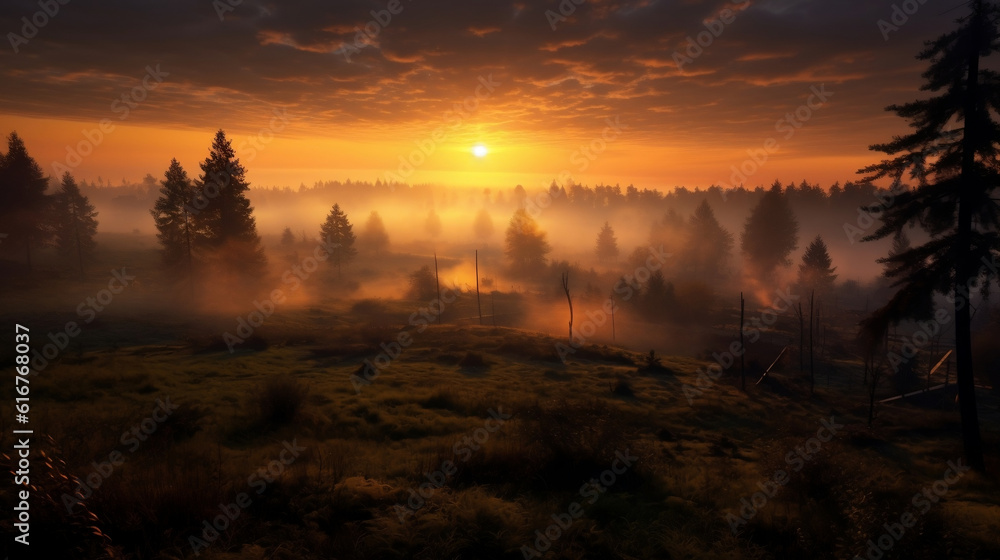 Beautiful landscape at foggy sunset. Meadow with trees. Shot with a wide-angle lens.