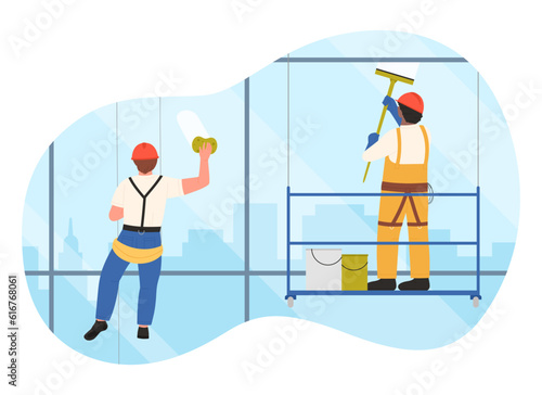 Industrial climbers wash glass windows of office building at height vector illustration. Cartoon washer alpinists cleaning and climbing high up facade with rope of security belt, hanging on platform