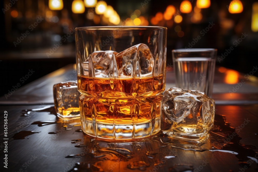 Illustration of a glass of whiskey soda with ice cubes on a wooden table in a dimly lit room created with Generative AI technology Illustration of a glass of whiskey soda with ice cubes on a wooden table in a dimly lit room created with Generative AI technology