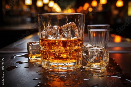 Fototapeta Illustration of a glass of whiskey soda with ice cubes on a wooden table in a di