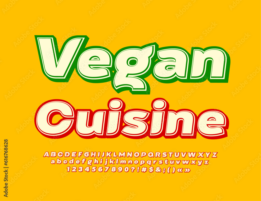Vector colorful template Vegan Cuisine. Vintage style Font. Creative Alphabet Letters, Numbers and Symbols