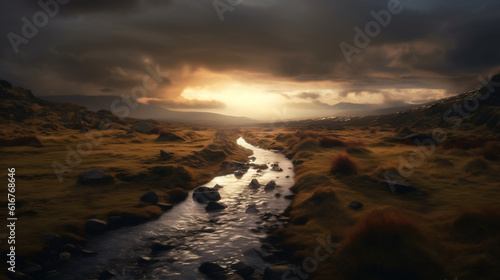 Beautiful landscape at colorful sunset. Meadow with creek and mountains. Shot with a wide-angle lens.