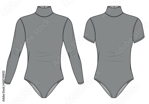 Turtle High Neck Long Sleeve and Short Sleeve Leotard Bodysuit  Fashion Flat Sketch Vector Illustration, CAD, Technical Drawing, Flat Drawing, Template, Mockup.