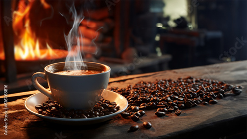 View of smoke floating on coffee mug as well as fresh coffee beans on vintage old wooden board with a bonfire in the background create an atmosphere of shady and warmth. Generative ai