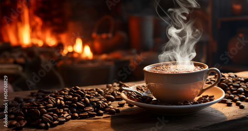 View of smoke floating on coffee mug as well as fresh coffee beans on vintage old wooden board with a bonfire in the background create an atmosphere of shady and warmth. Generative ai