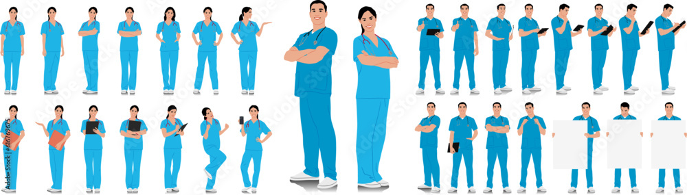 Hand-drawn healthcare worker set. Happy smiling doctor with a stethoscope. Male and female nurse in blue uniform poses. Different color options. Vector flat style illustration set isolated on white