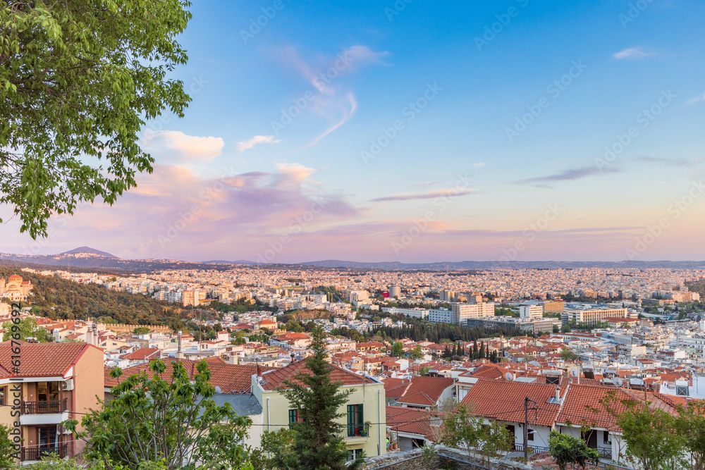 Panoramic View during sunset from old city wall with Saint Paul church Ano Poli Thessaloniki in Central Macedonia in Greece