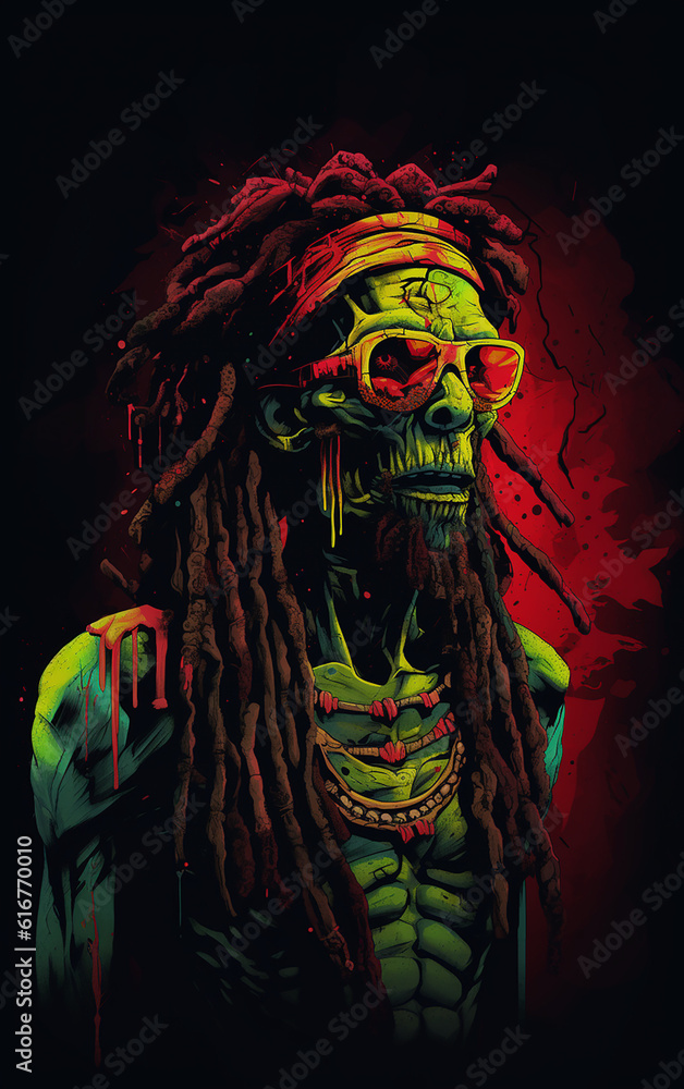 Cool Rasta Zombie with colorful sunglasses created with Generative AI technology
