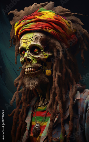 Rasta Zombie in Jamaican colors wearing in bandana created with Generative AI technology 