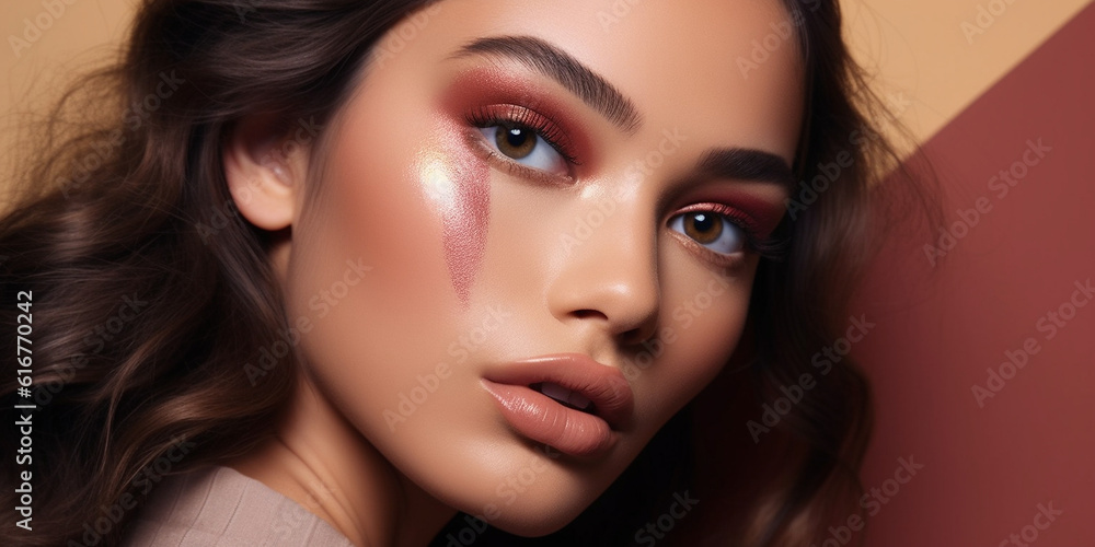 Hübsche Model Frau mit spezialen Foto Makeup Nude Visagistik Smokey Eyes Nahaufnahme, ai generativ