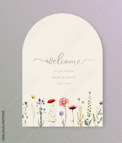 Welcome arch wedding sign. Calligraphy with watercolor wild herbs and flowers. Abstract floral art background vector design for wedding invitation and vip cover template.