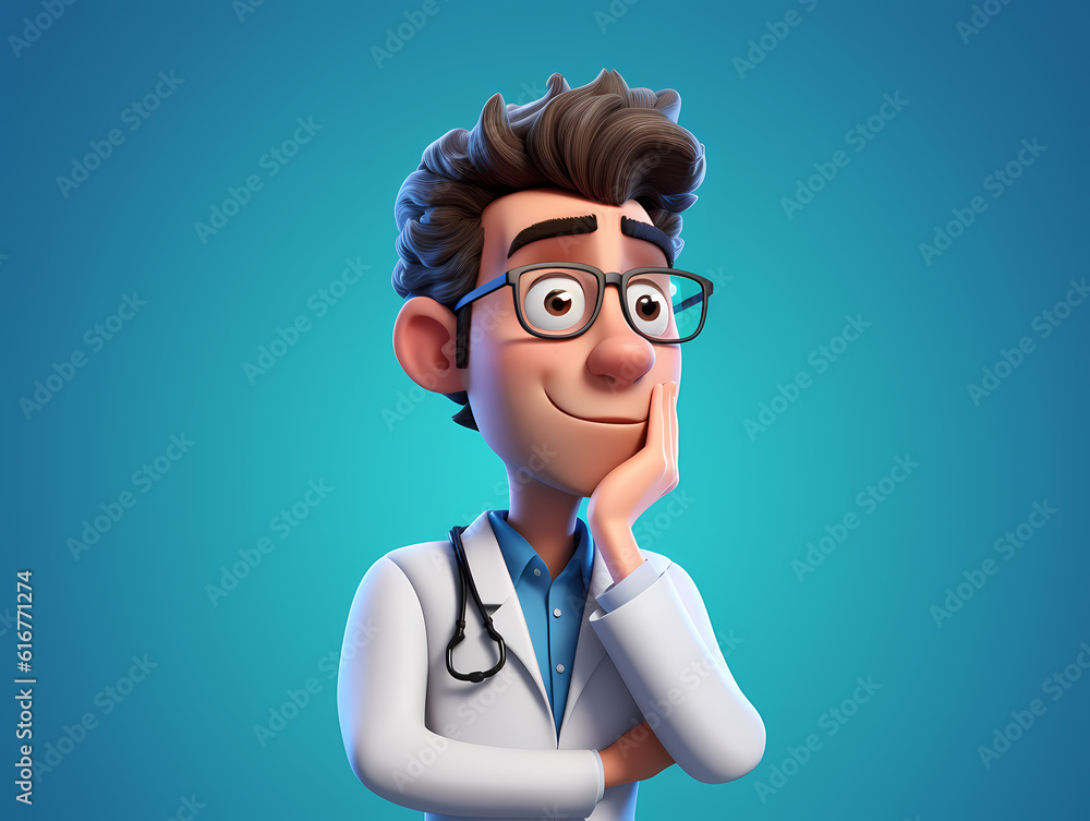 Cartoon Character: Male Doctor in a State of Confusion. Thoughtful Man Touching His Head and Puzzled Expression on Isolated Blue Background doctor with stethoscope Generative ai Cartoon Character: Male Doctor in a State of Confusion. Thoughtful Man Touching His Head and Puzzled Expression on Isolated Blue Background doctor with stethoscope Generative ai