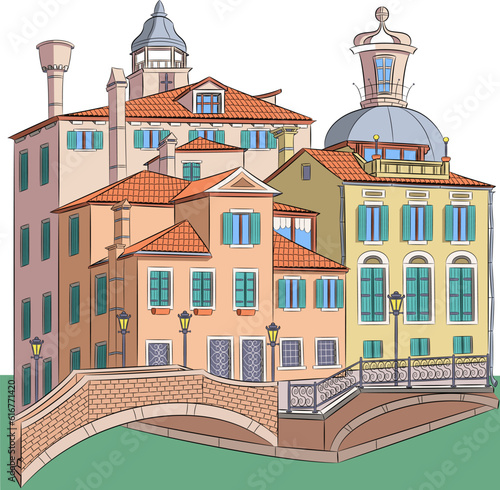 Color drawing of old multi-colored traditional Venetian houses and a jetty on the bank of a canal.