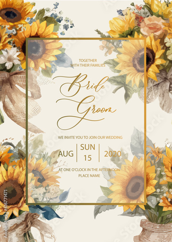 Wedding invitation card background with watercolor botanical flowers sunflowers. Abstract floral art background vector design for wedding invitation and vip cover template.