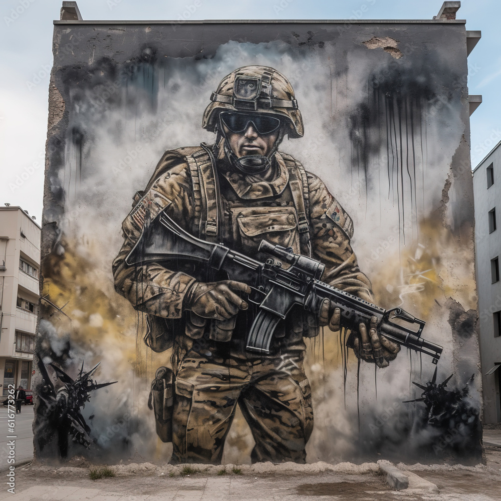 Patriotic graffiti painting of a old army soldier. Urban art, world war mural 