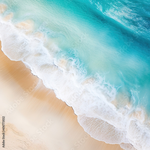 Abstract beach landscape, a serene aerial view of a white sand beach surrounded by crystal clear turquoise water, waves, sunlight, tranquility, dreamlike paradise