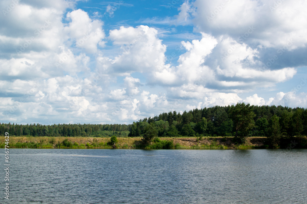 beautiful nature, lake and forest, summer landscape, beautiful clouds, lake in the forest, pine trees on the river