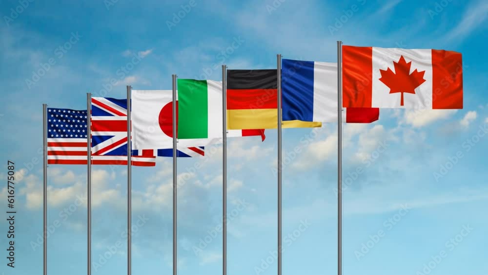 Group of Seven or Big Seven, intergovernmental political forum illustration, G7 Country members flags, endless loop video Group of Seven or Big Seven, intergovernmental political forum illustration, G7 Country members flags, endless loop video