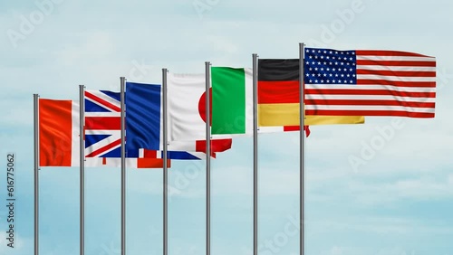Group of Seven or Big Seven, intergovernmental political forum illustration, G7 Country members flags, endless loop video