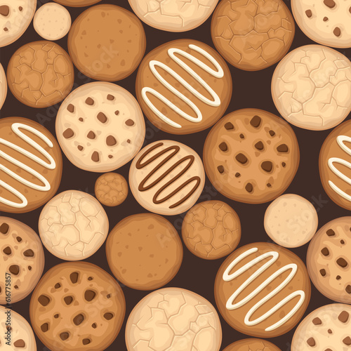 Seamless background with cookies on a brown background. Vector illustration