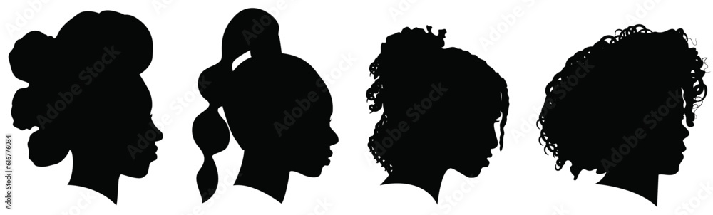 Title: Silhouettes of African American women part 5, profile with hair style contour on white background. Vector illustration.