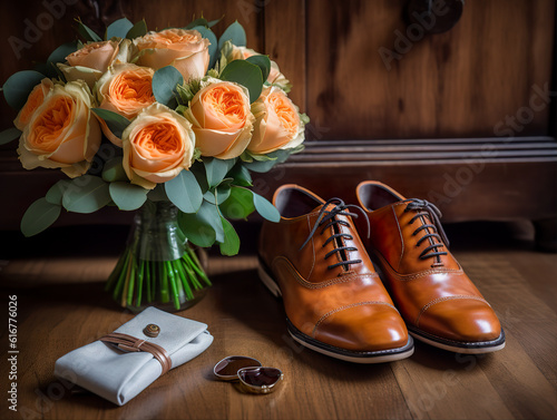 groom shoes and roses bouquet on wooden floor