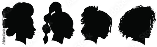 Silhouettes of African American women part 5, profile with hair style contour on white background. Vector illustration.