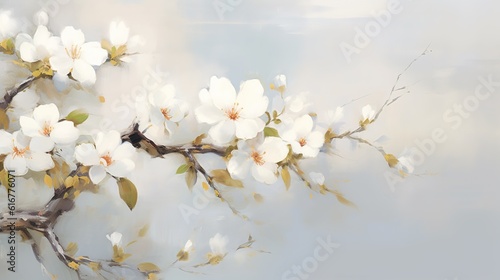 Realistic fruit tree branch with spring flowers. Beautiful flowering apple tree in spring day. Generative AI. Illustration for cover, card, postcard, brochure, advertising or presentation. © Login