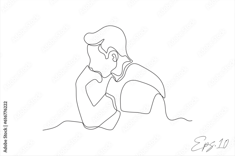 continuous line art vector illustration of a sad expression boy