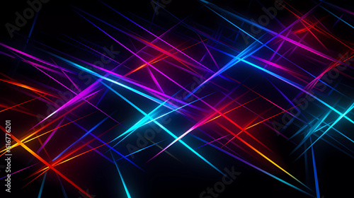 Bright neon lines forming geometric shapes on a dark background.