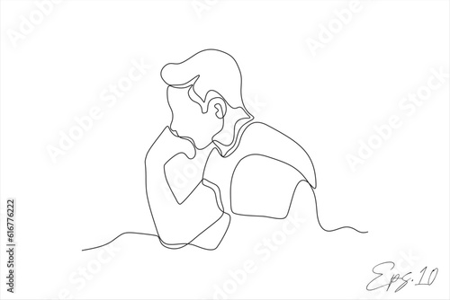 continuous line art vector illustration of a sad expression boy