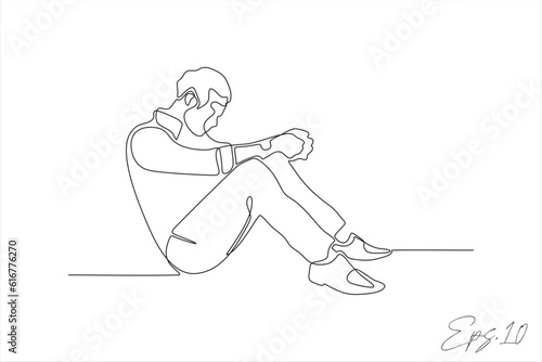 continuous line art vector illustration of sad expression boy