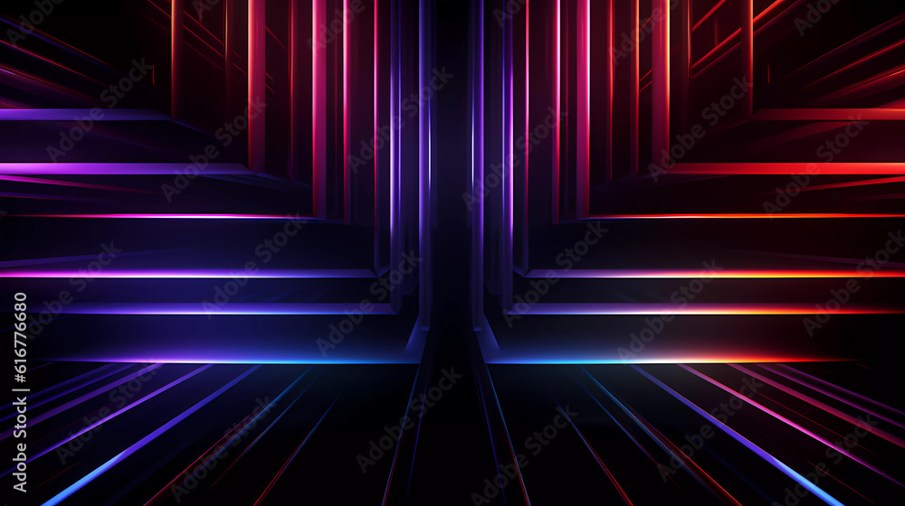 Fototapeta premium Bright neon lines forming geometric shapes on a dark background.