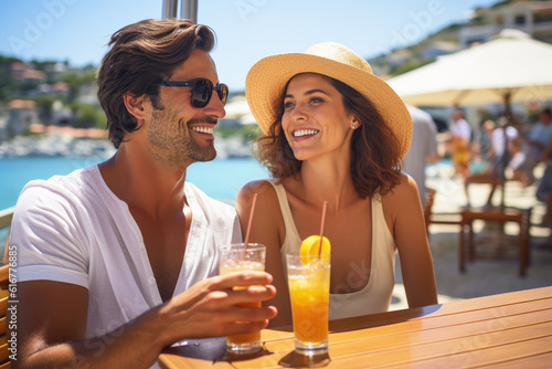 Couple drinking cocktails, beach bar, vacation, smiling, happy, sunny day