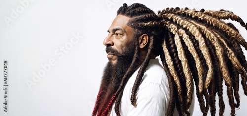 Old Man with Dreadlocks Hairstyle Standing Against White Background