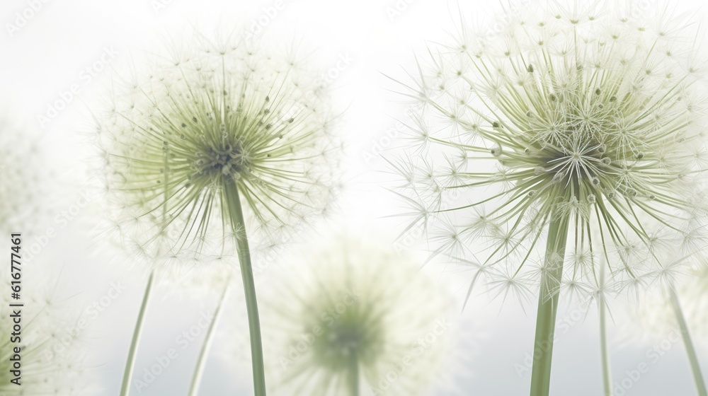 Dandelion flowers with fluffy seeds. Dandelion field. Generative AI. Illustration for cover, card, postcard, interior design, decor, packaging, invitations or print. Dandelion flowers with fluffy seeds. Dandelion field. Generative AI. Illustration for cover, card, postcard, interior design, decor, packaging, invitations or print.