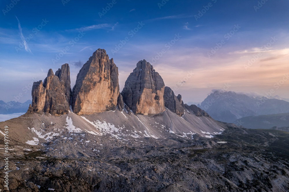 Tre Cime di Lavaredo peaks in the Dolomites, Italy during twilight