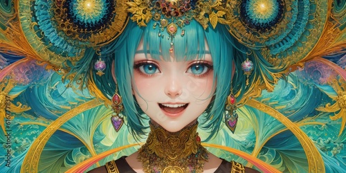Fractal Psychedelic Anime Girl with Golden Crown photo