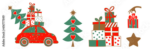 New Years set. A red car with a Christmas tree and gifts.