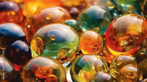 Various glass marbles. Abstract crystalline balls of hydrogel for the background. Beads. Generative AI. Illustration for brochure, cover, poster, presentation or banner.