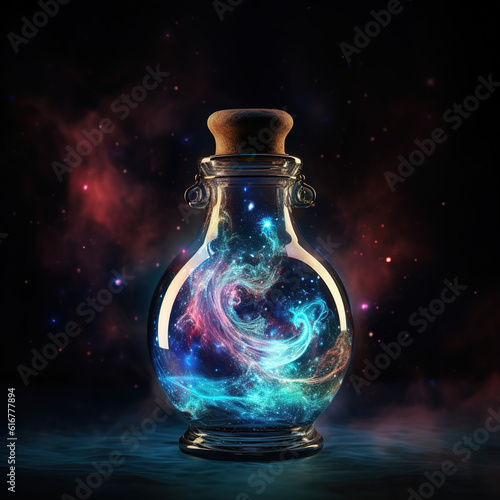 Mystic glass bottle of nebula and anti mater glowing and making a swirling energy, elixir, artistic. Magic potion bottle with universe inside,magical colours,ethereal background.Eternal youth