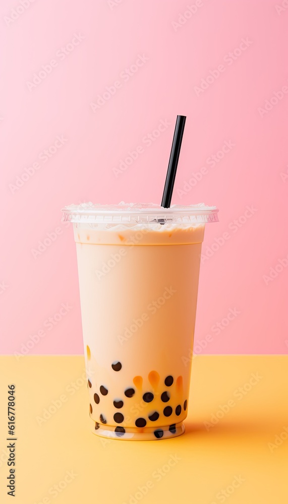 Generative AI illustration of product photo plastic cup of boba milk tea, with bubbles, fun, pastel background Generative AI illustration of product photo plastic cup of boba milk tea, with bubbles, fun, pastel background