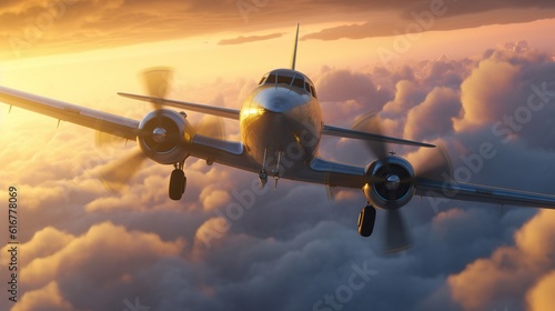 Airplane flying above clouds in dramatic sunset light. Travel and transportation concept. Generative AI. Illustration for banner, poster, cover, brochure or presentation.