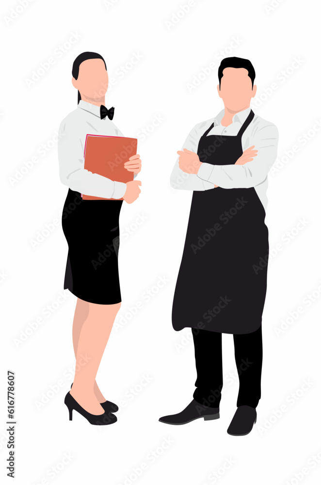 Pair of waiter and waitress in isolated white background. Flat style vector illustration. Pair of waiter and waitress in isolated white background. Flat style vector illustration.