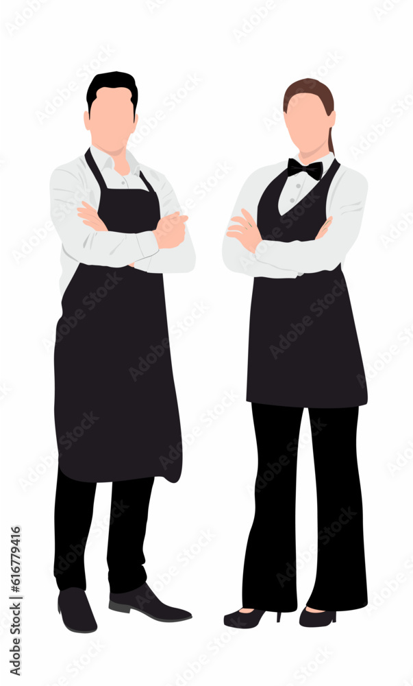 Pair of waiter and waitress in isolated white background. Flat style vector illustration. Pair of waiter and waitress in isolated white background. Flat style vector illustration.