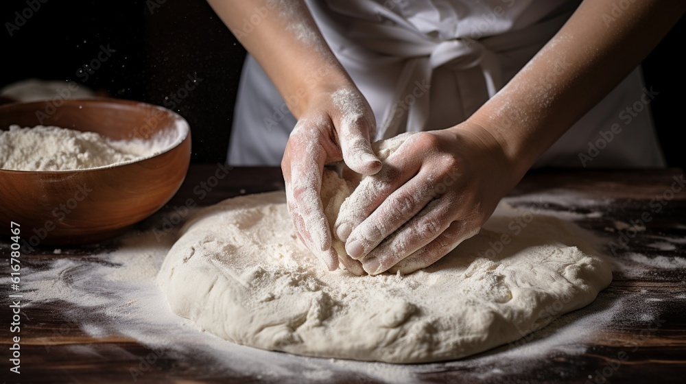 The hands of the chef are preparing dough for pizza.