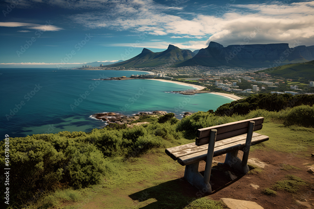 Coastal landscape with beach, mountaina, sea, skies and bench 